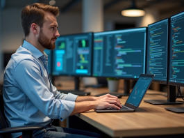 Homme développeur concentré sur son ordinateur au bureau