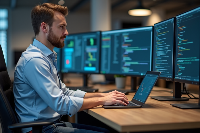 Homme développeur concentré sur son ordinateur au bureau