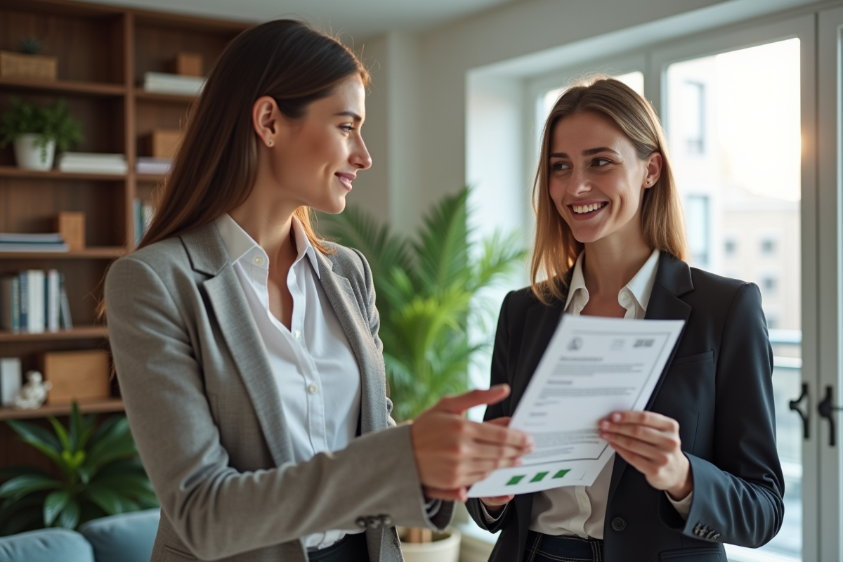 Jeune femme discute avec agent immobilier dans un salon lumineux