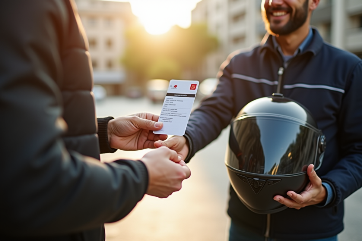 Enseignant remettant permis moto et casque à étudiante heureuse