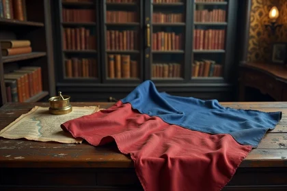 Drapeau bleu et rouge ancien posé sur une table en bois avec des documents historiques et une boussole en laiton dans une salle d'archives