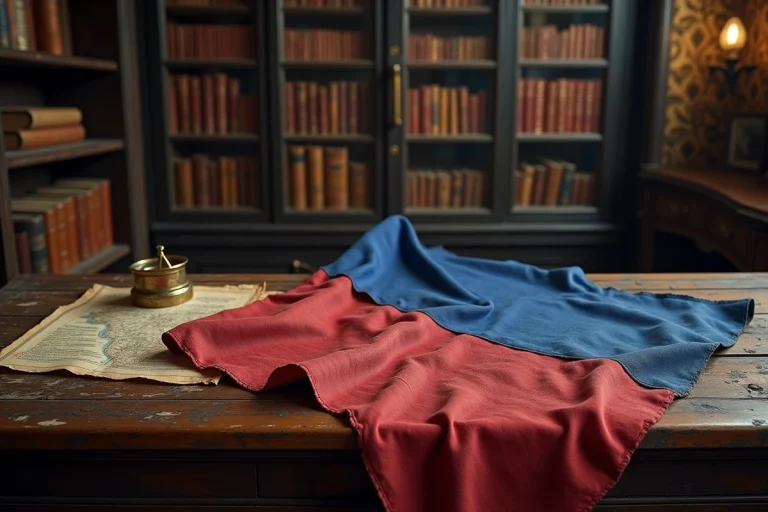 Drapeau bleu et rouge ancien posé sur une table en bois avec des documents historiques et une boussole en laiton dans une salle d'archives