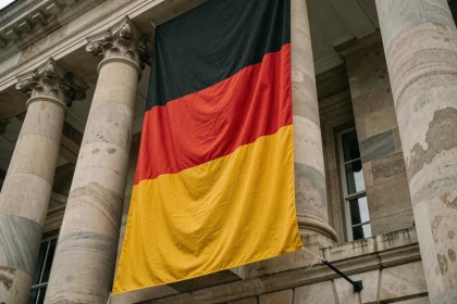 Drapeau allemand noir rouge et jaune accroché sur la façade d'un bâtiment officiel en pierre, vue en contre-plongée