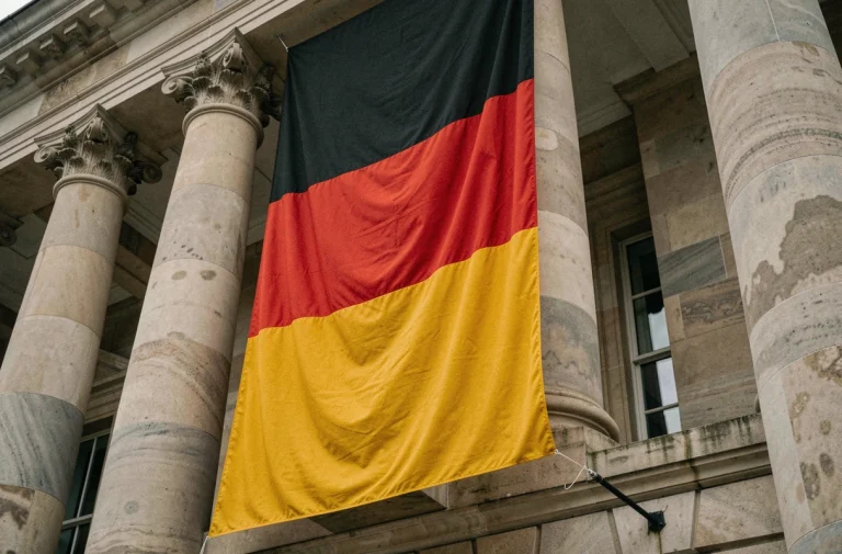 Drapeau allemand noir rouge et jaune accroché sur la façade d'un bâtiment officiel en pierre, vue en contre-plongée