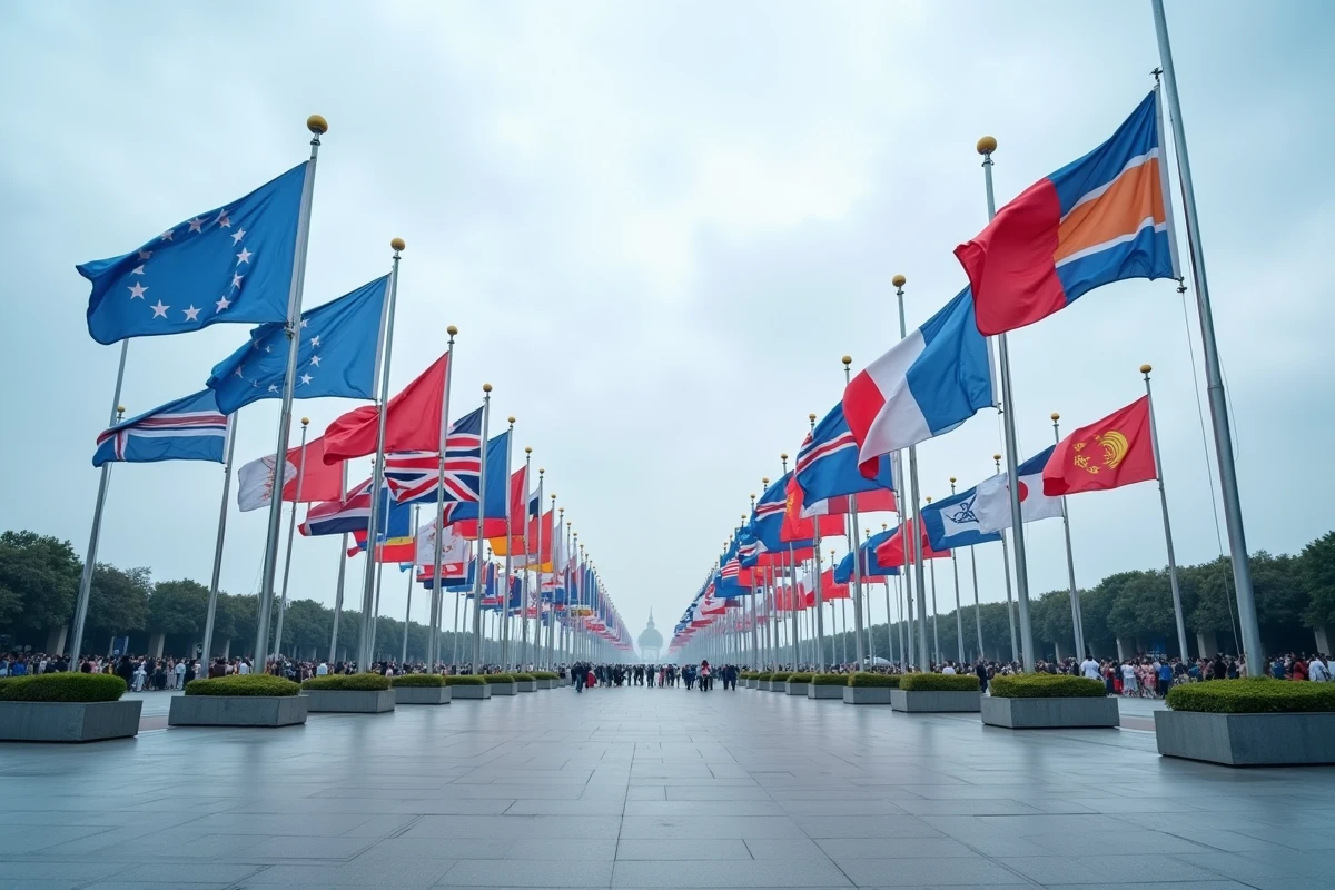 Rangée de drapeaux bleus et rouges de différentes nations claquant au vent sur une esplanade internationale sous un ciel nuageux