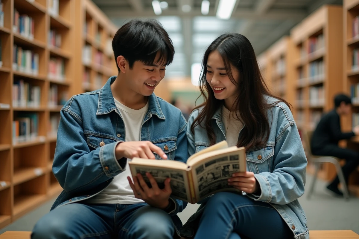 Deux jeunes adultes découvrant ensemble un manga dans une bibliothèque publique moderne, pointant une page, ambiance studieuse et conviviale