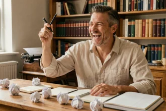Écrivain humoristique riant à son bureau en train de trouver une rime drôle pour un texte comique