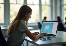 Étudiant utilisant un ordinateur portable dans une salle lumineuse