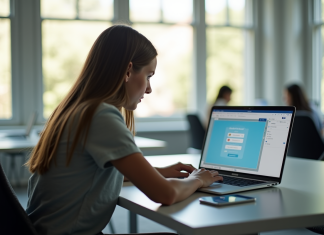 Étudiant utilisant un ordinateur portable dans une salle lumineuse
