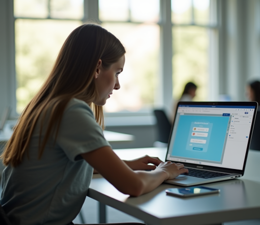 Étudiant utilisant un ordinateur portable dans une salle lumineuse