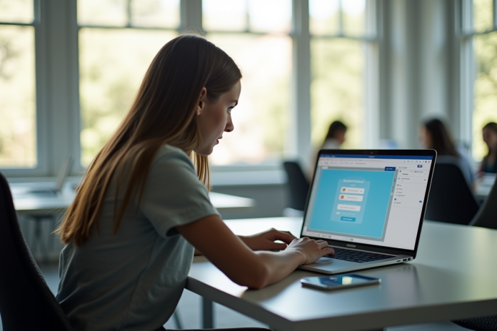 Étudiant utilisant un ordinateur portable dans une salle lumineuse
