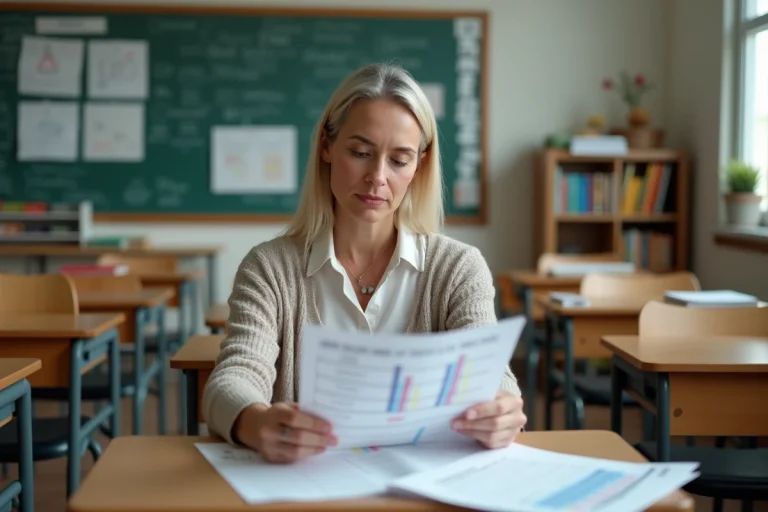 Enseignante attentive examinant un graphique de salaire en classe
