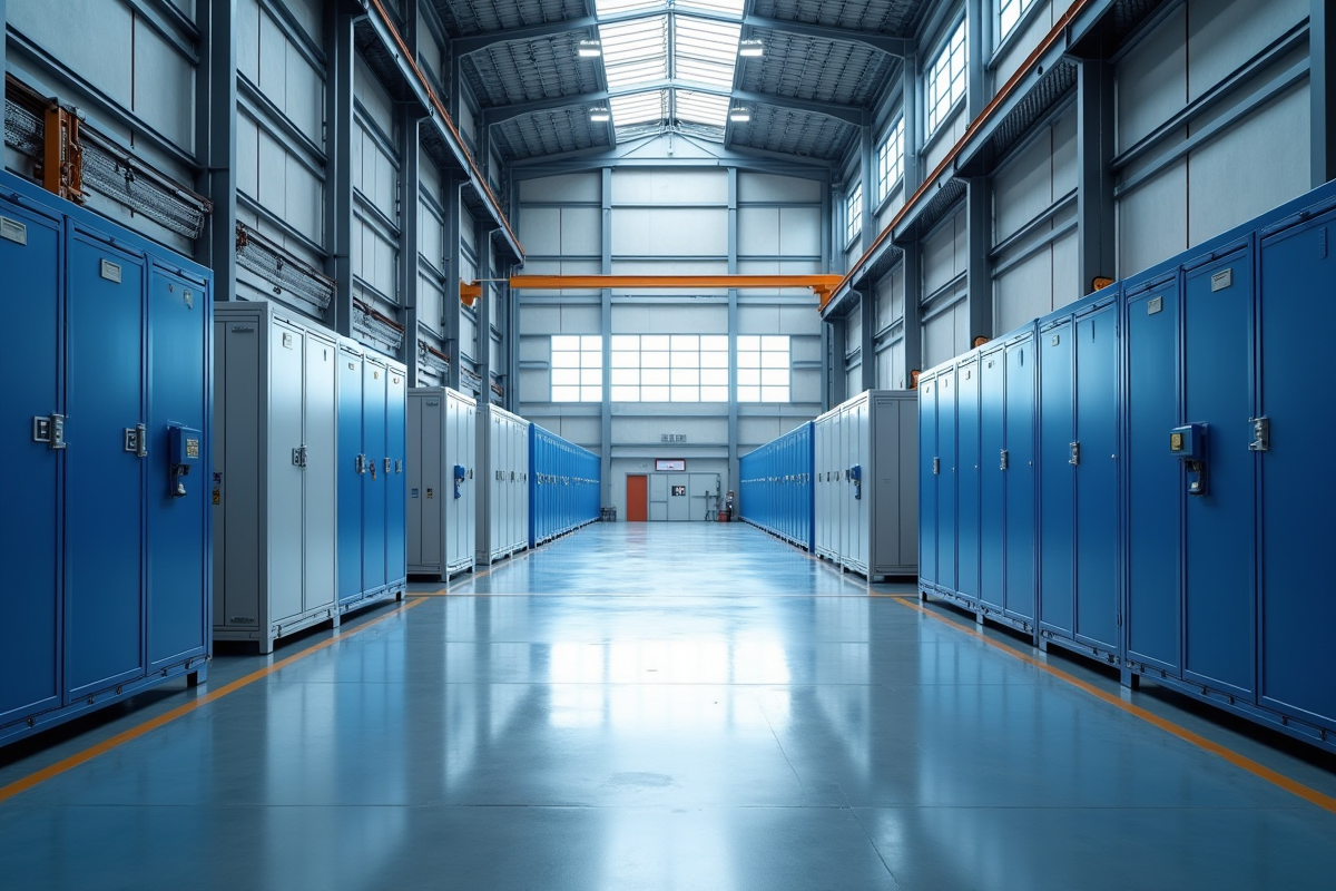 Entrepot industriel avec racks de batteries lithium