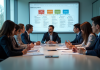 Groupe de professionnels collaborant autour d'une table moderne avec affichage digital