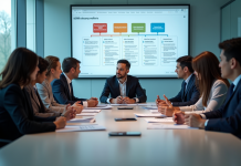 Groupe de professionnels collaborant autour d'une table moderne avec affichage digital