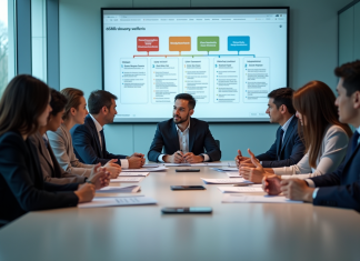 Groupe de professionnels collaborant autour d'une table moderne avec affichage digital