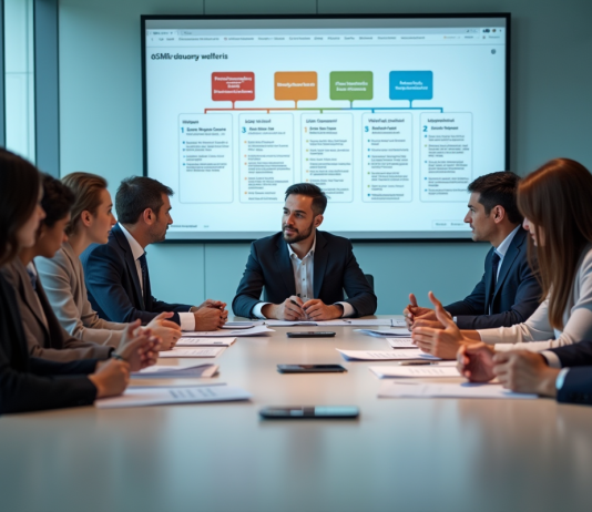 Groupe de professionnels collaborant autour d'une table moderne avec affichage digital