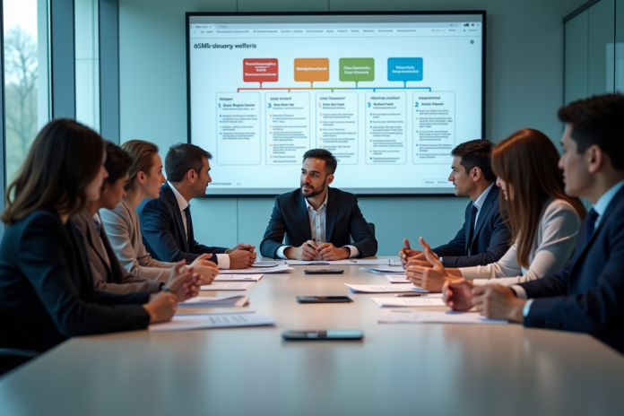 Groupe de professionnels collaborant autour d'une table moderne avec affichage digital