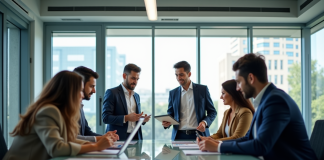 Le fonctionnement des American Management Systems : une approche généraliste Groupe de professionnels en réunion dans un bureau moderne