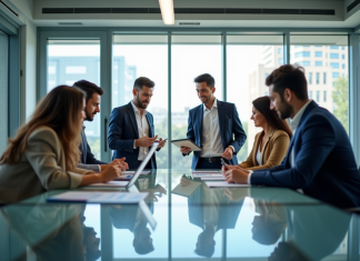 Groupe de professionnels en réunion dans un bureau moderne