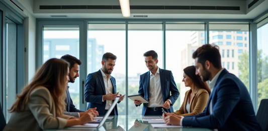 Le fonctionnement des American Management Systems : une approche généraliste Groupe de professionnels en réunion dans un bureau moderne