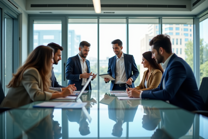 Groupe de professionnels en réunion dans un bureau moderne