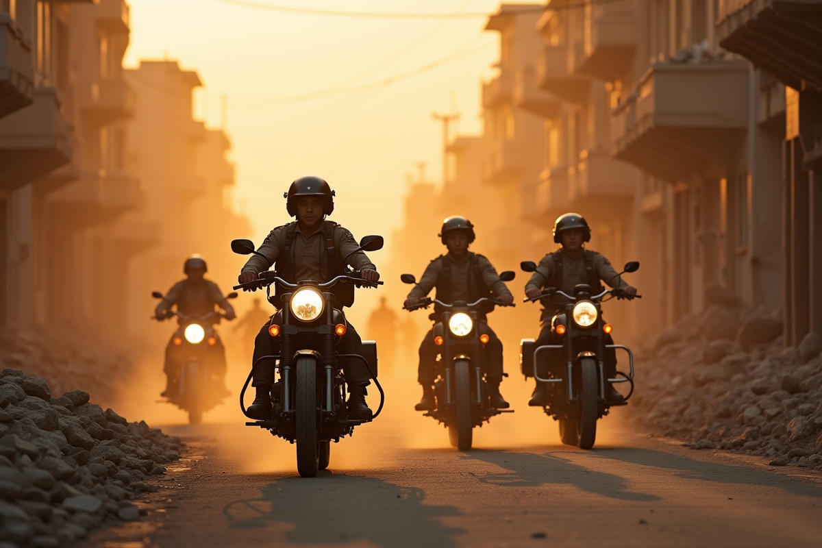 Plusieurs motos militaires en formation dans une ville en ruines au lever du soleil