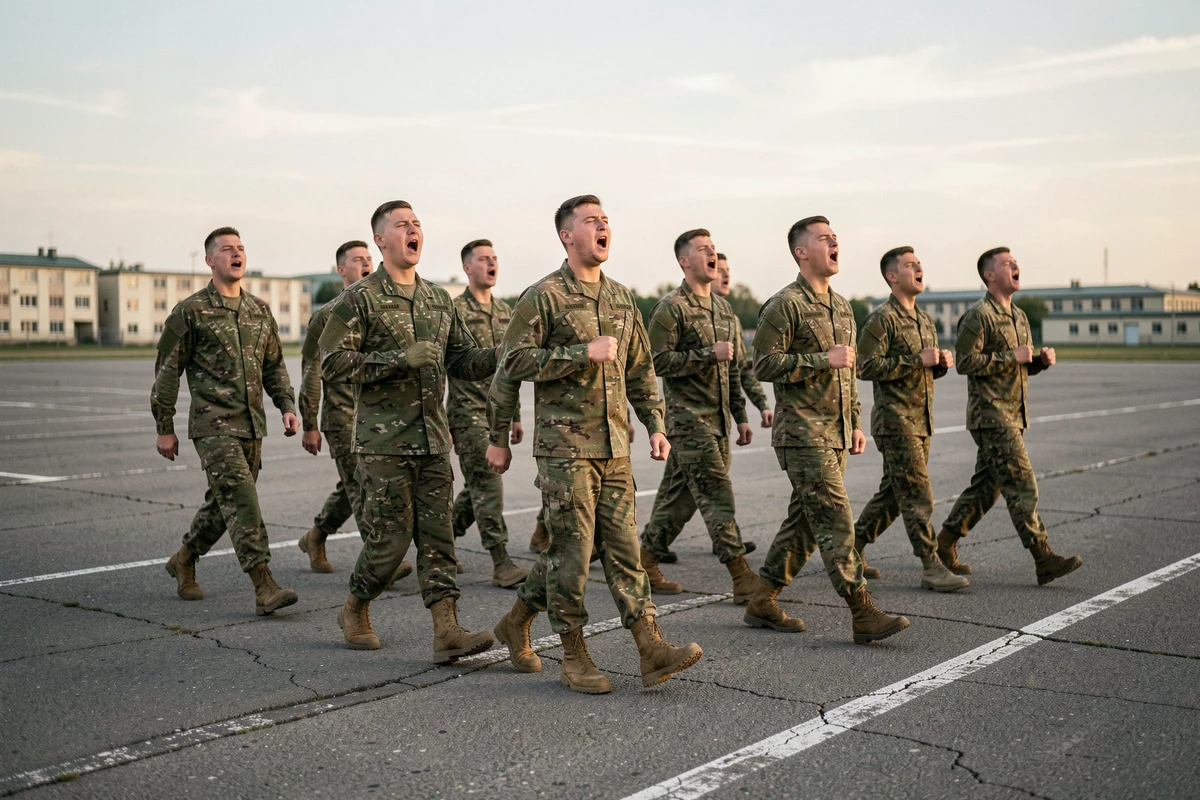 Escouade de soldats en tenue camouflage marchant au pas cadencé sur un terrain militaire en chantant des chants de marche