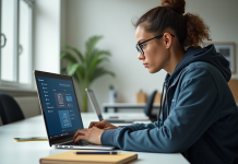 Étudiant universitaire moderne utilisant un laptop avec tableau de bord