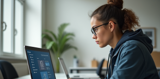 Étudiant universitaire moderne utilisant un laptop avec tableau de bord