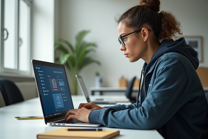 Étudiant universitaire moderne utilisant un laptop avec tableau de bord