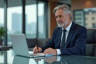 Homme executif en costume navy dans un bureau moderne