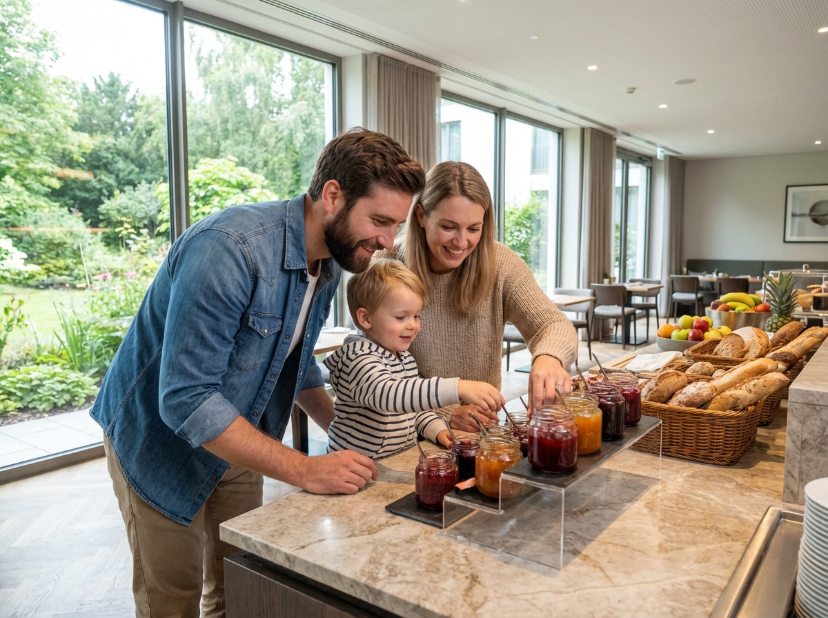 Famille selectionnant des mini confitures sur un buffet dans une salle moderne