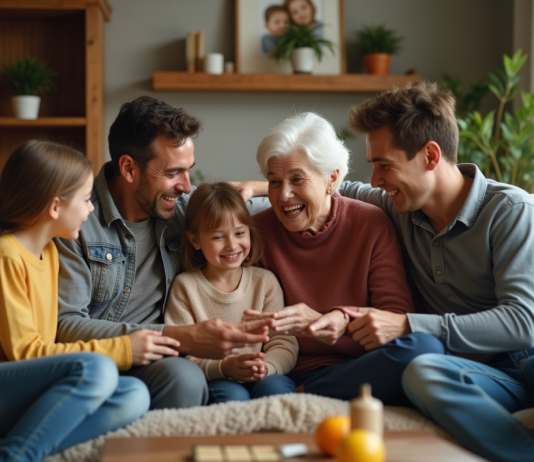 Famille multigenerational jouant à un jeu de société dans le salon