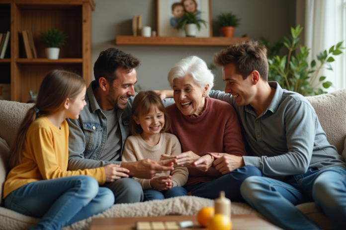 Famille multigenerational jouant à un jeu de société dans le salon