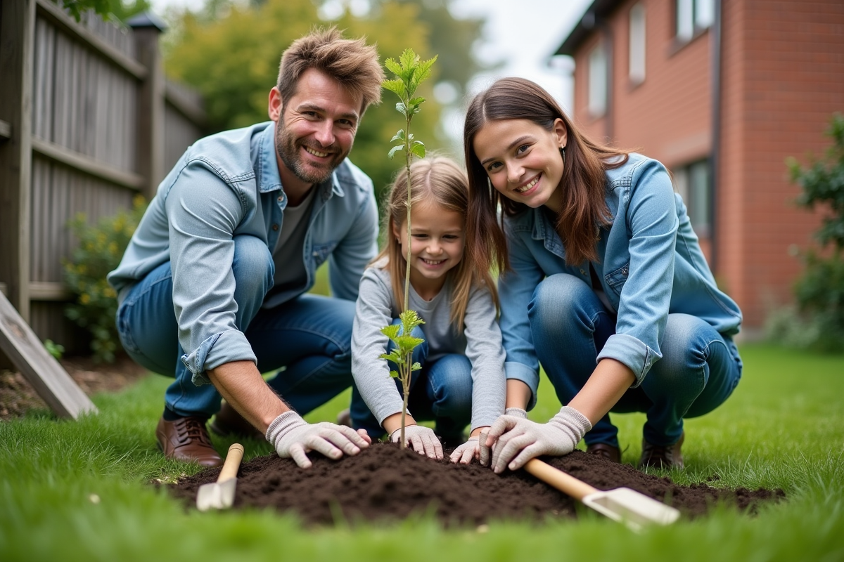 Famille plantant un jeune arbre dans leur jardin