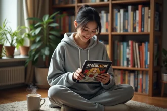 Jeune femme lisant des mangas en ligne sur une tablette entourée de volumes manga en édition française