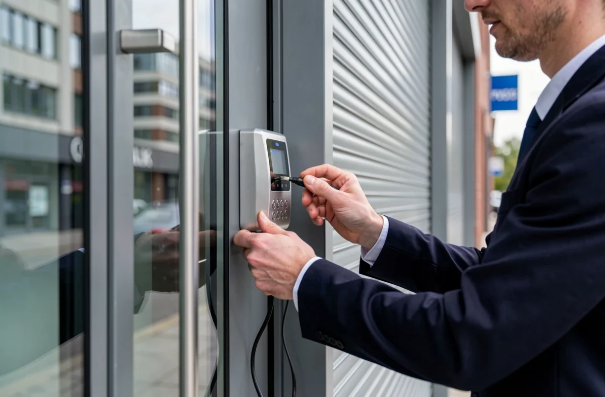 Technicien installant un système de contrôle d'accès électronique sur une fermeture commerciale à Calais, représentant Fci Rochas