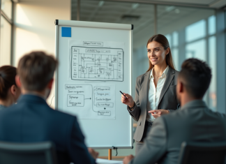 Femme d'affaires confiante présentant une stratégie en réunion