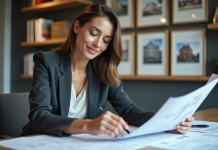 Investir en SCI : les meilleures options pour l’immobilier locatif Femme d'affaires examinant des plans architecturaux dans un bureau moderne