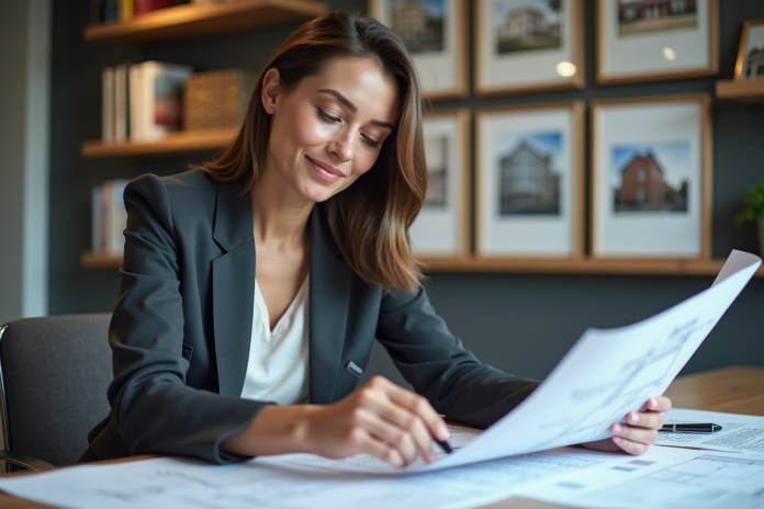 Femme d'affaires examinant des plans architecturaux dans un bureau moderne