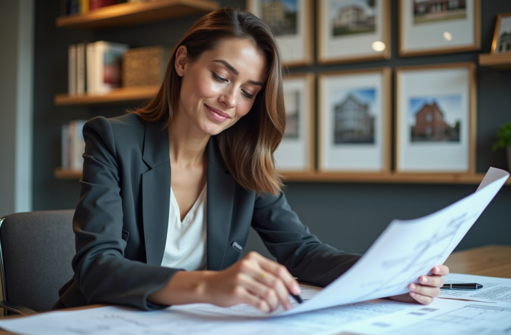 Investir en SCI : les meilleures options pour l’immobilier locatif Femme d'affaires examinant des plans architecturaux dans un bureau moderne