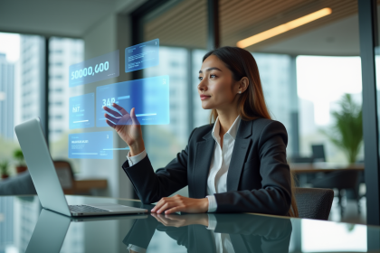 Jeune femme utilisant une interface bancaire digitale moderne