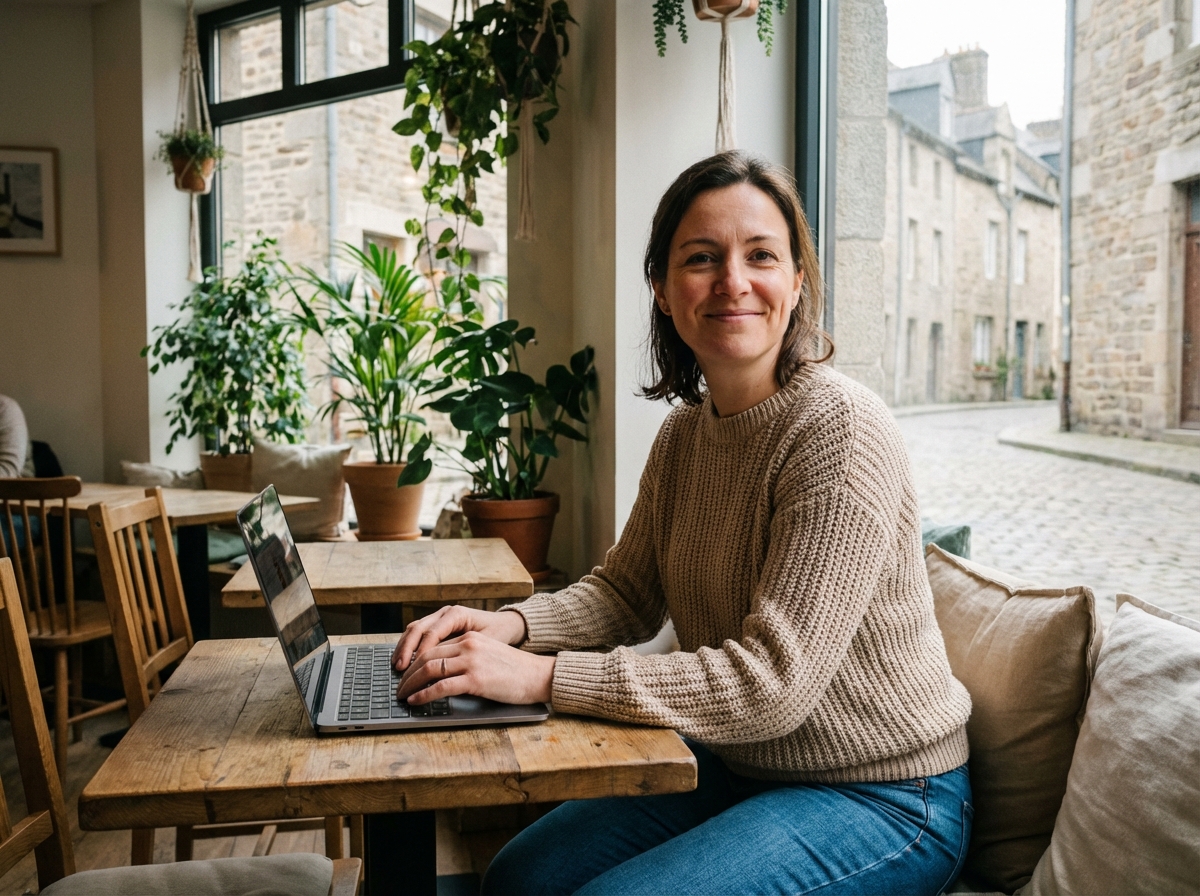 Femme souriante au café avec ordinateur et plantes vertes