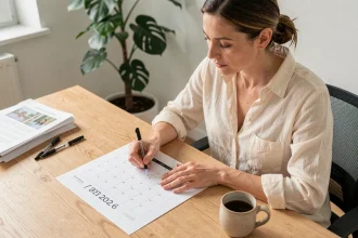 Femme écrivant sur un calendrier 2026 imprimé posé sur un bureau en bois clair dans un bureau à domicile organisé