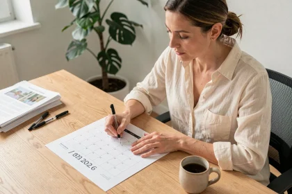 Femme écrivant sur un calendrier 2026 imprimé posé sur un bureau en bois clair dans un bureau à domicile organisé