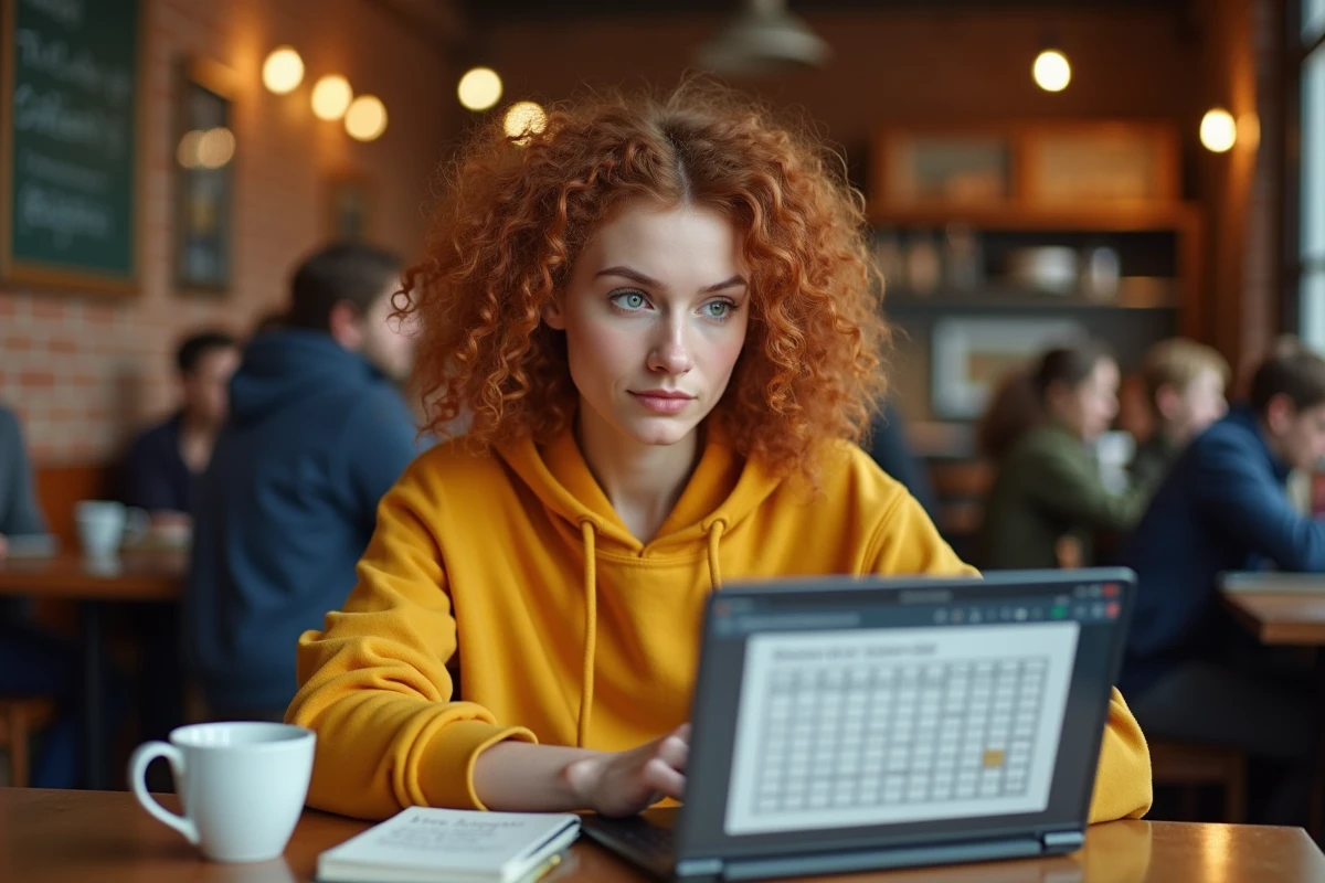 Jeune femme consultant un calendrier de réponses CodyCross sur ordinateur portable dans un café urbain