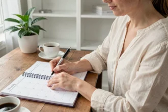 Femme écrivant dans un calendrier imprimé semaine impaire 2026 sur un bureau en bois dans un bureau à domicile organisé