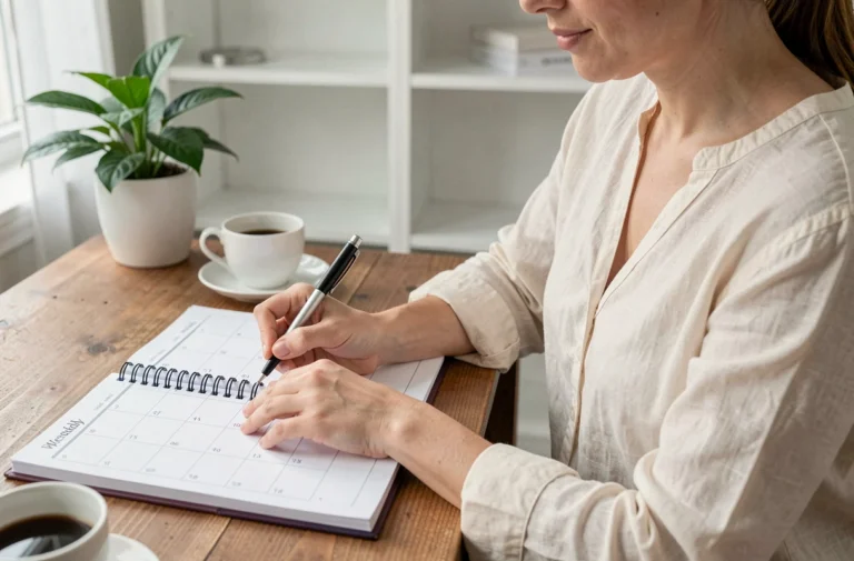 Femme écrivant dans un calendrier imprimé semaine impaire 2026 sur un bureau en bois dans un bureau à domicile organisé