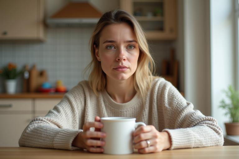Femme en détente dans une cuisine moderne et chaleureuse